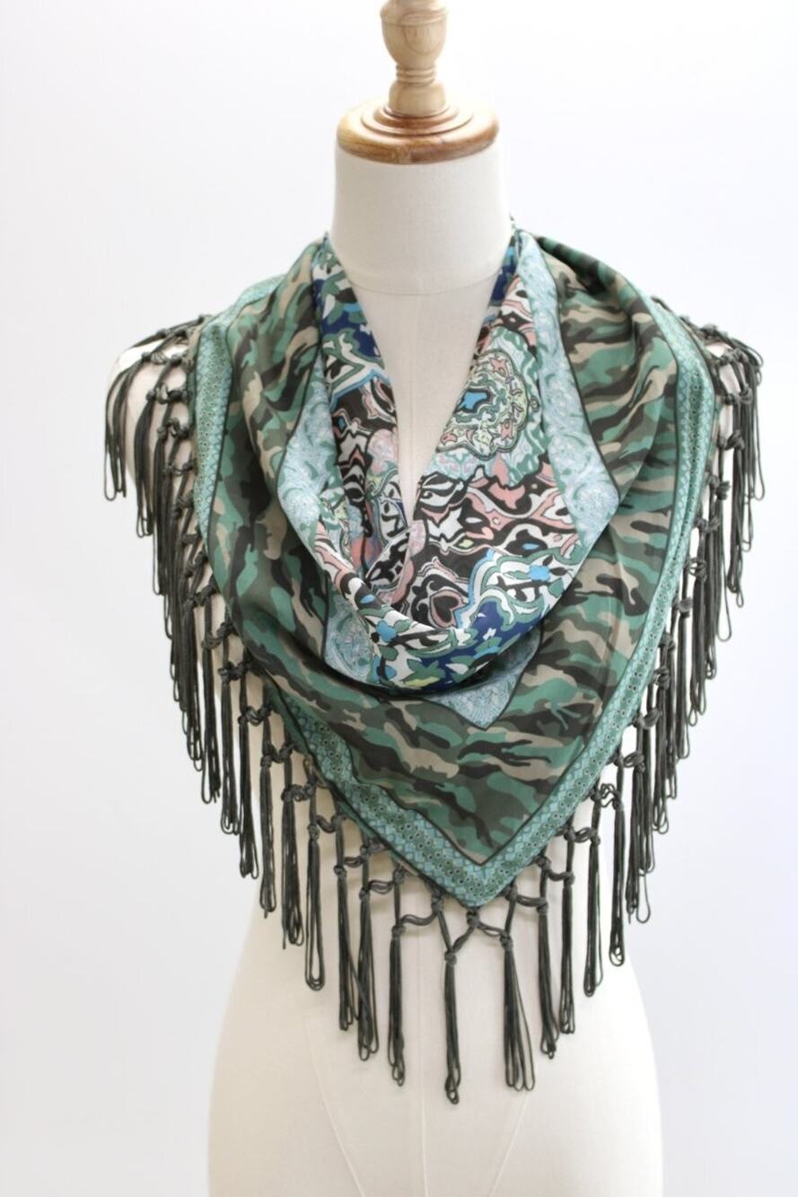 Green Paisley Camo Mixed Print Infinity Loop Scarf Bandana Cowl knotted Fringe
